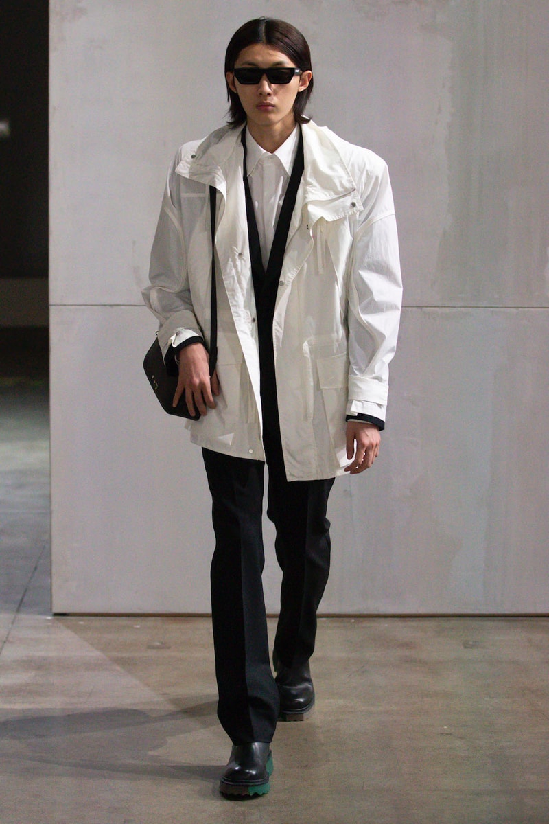 off white virgil abloh spring summer adam is eve collection imaginary tv digital runway show white jacket outerwear pants boots shades bag