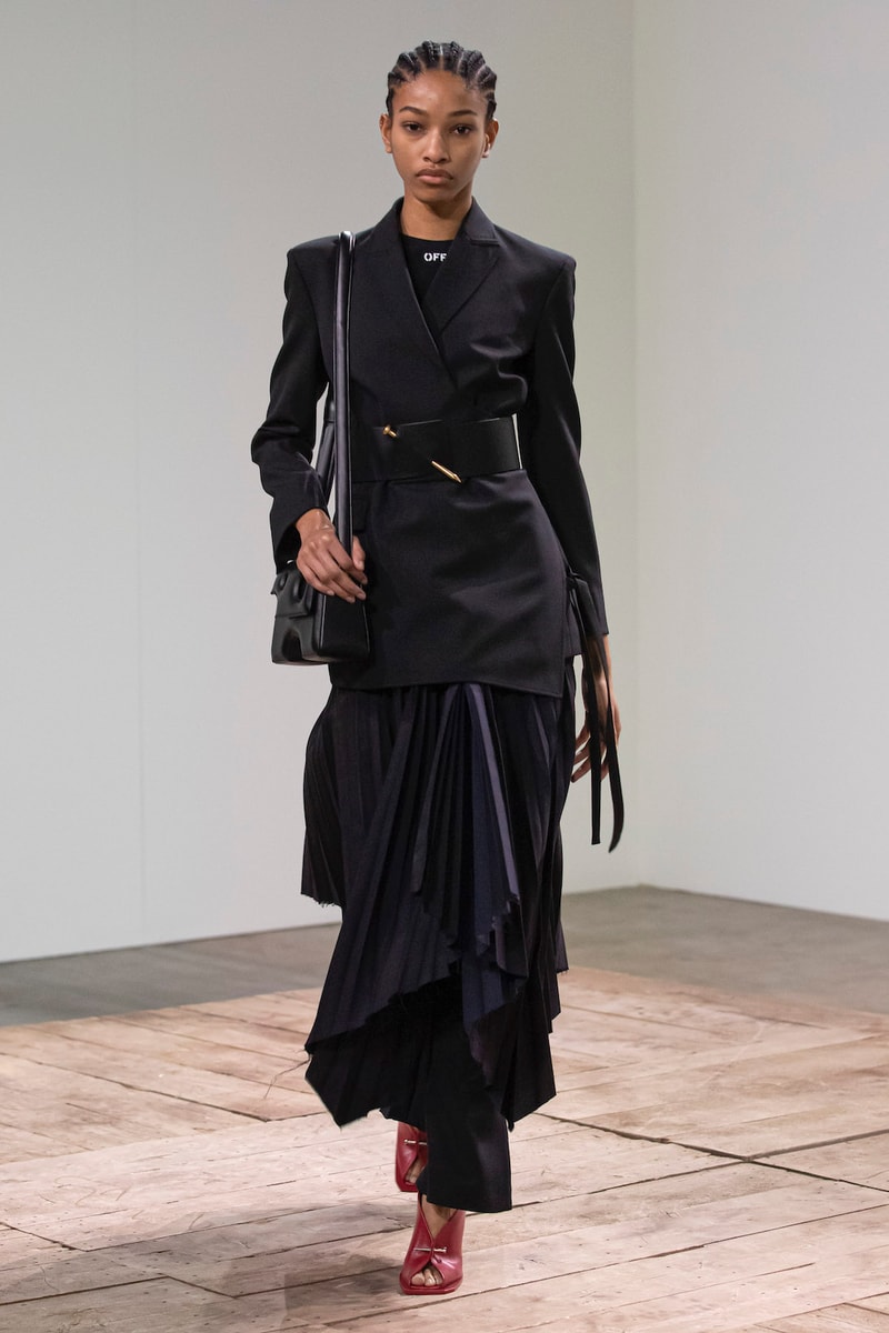 off white virgil abloh spring summer adam is eve collection imaginary tv digital runway show jacket outerwear skirt heels bag