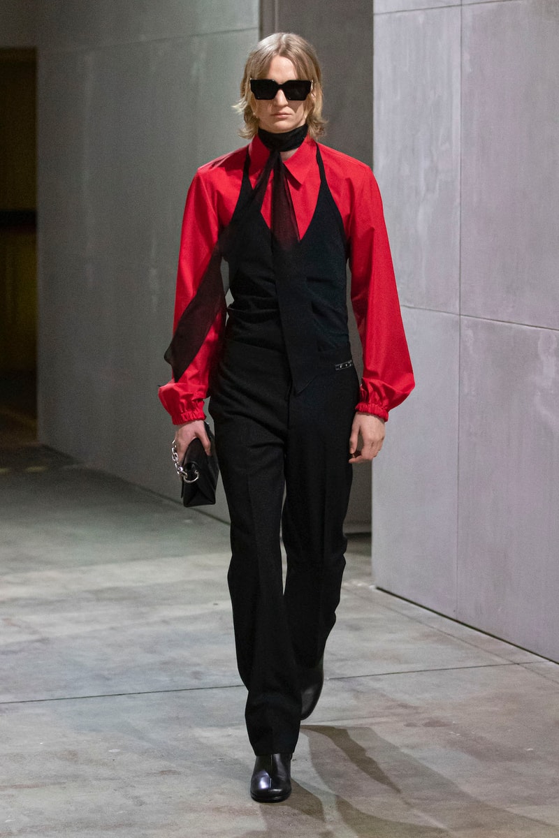 off white virgil abloh spring summer adam is eve collection imaginary tv digital runway show red long sleeve shirt vest pants bag boots