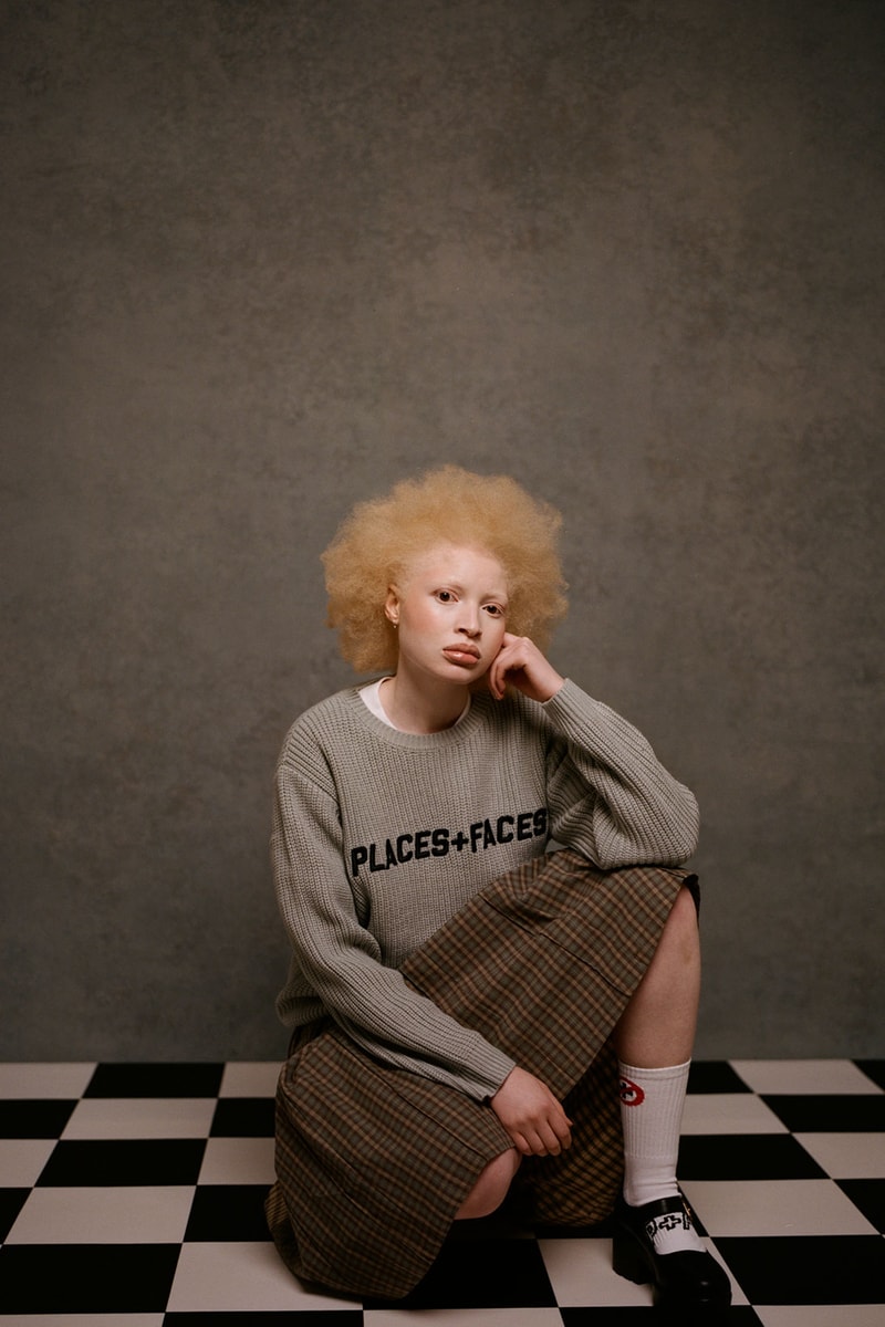 places plus faces 2021 first drop knitwear sweater logo skirt socks