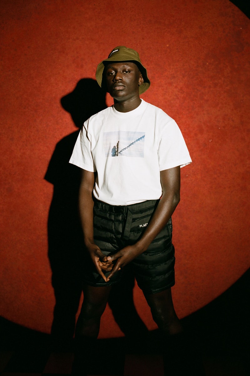 places plus faces 2021 first drop white photo graphic tshirt bucket hat puffer shorts