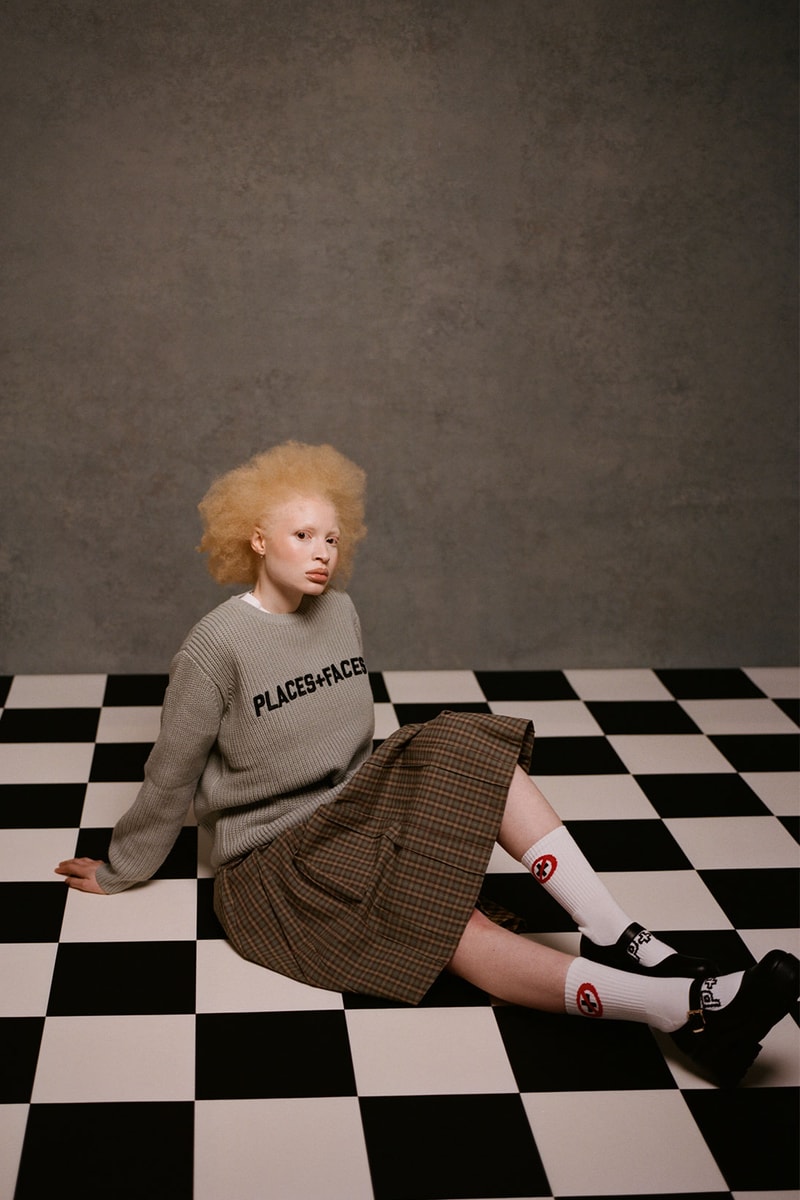 places plus faces 2021 first drop knitwear sweater logo skirt socks