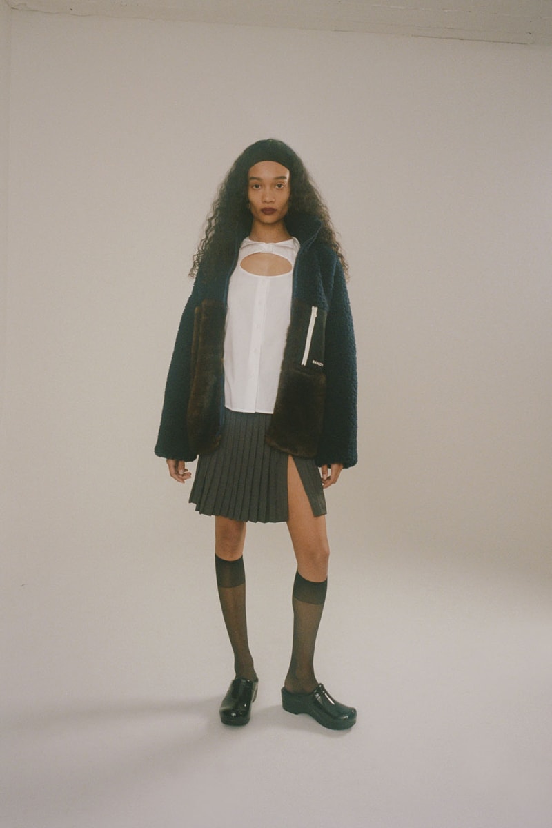 sandy liang fall winter 2021 fw21 collection white shirt fleece jacket skirt