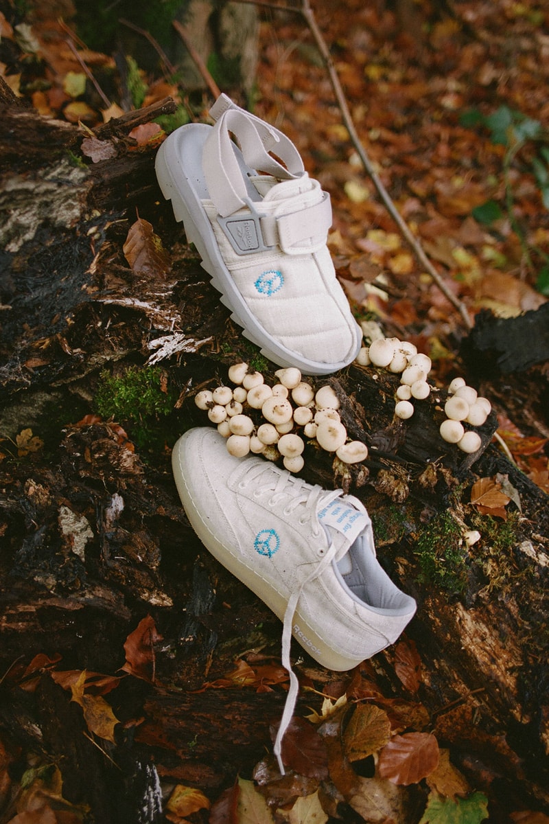 story mfg reebok collaboration club c beatnik white blue outdoor mushrooms tree log leaves