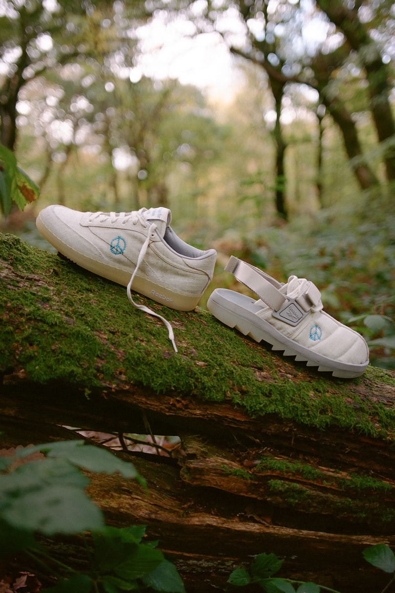 story mfg reebok collaboration club c beatnik white blue outdoor tree log trunk woods