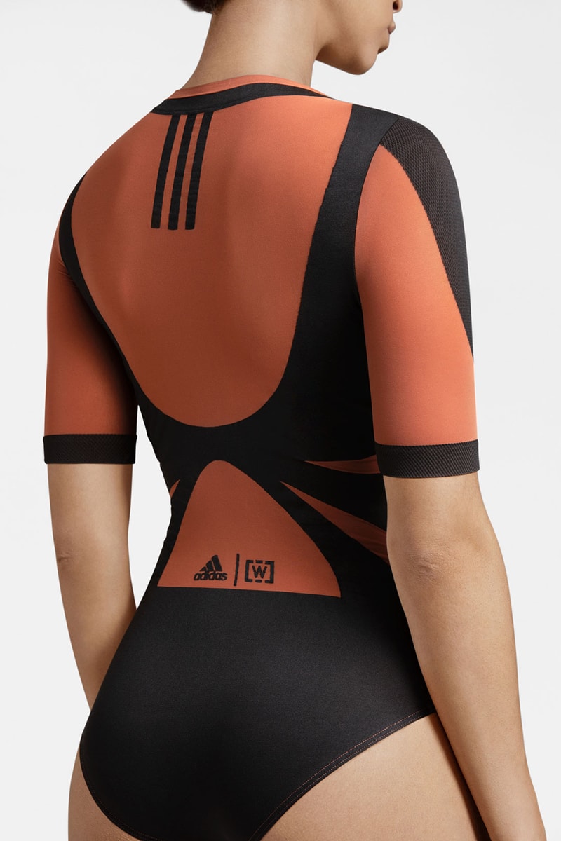 wolford adidas activewear performance collaboration seamless sheer motion orange bodysuit back black