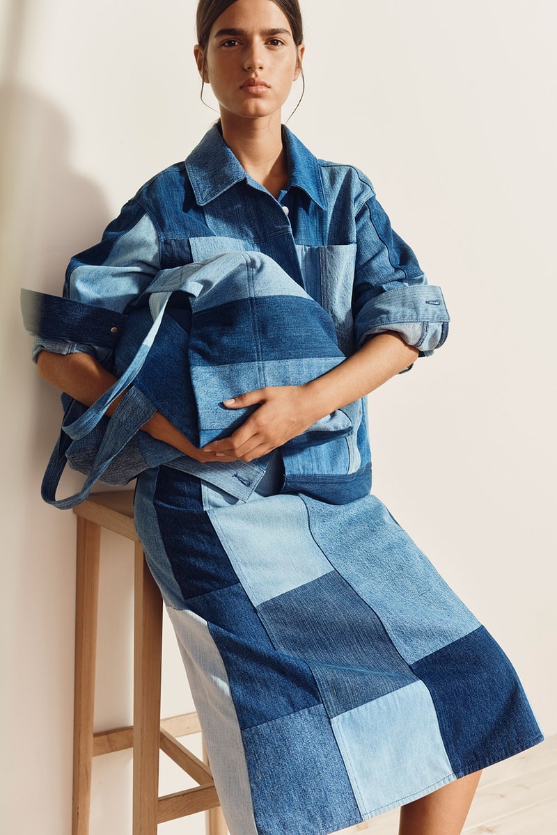 arket patchwork denim sustainable tote bag skirt shirt sitting chair