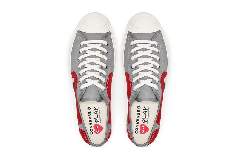 comme des garcons cdg play converse jack purcell sneakers collaboration red gray white footwear sneakerhead shoes kicks top aerial view insoles