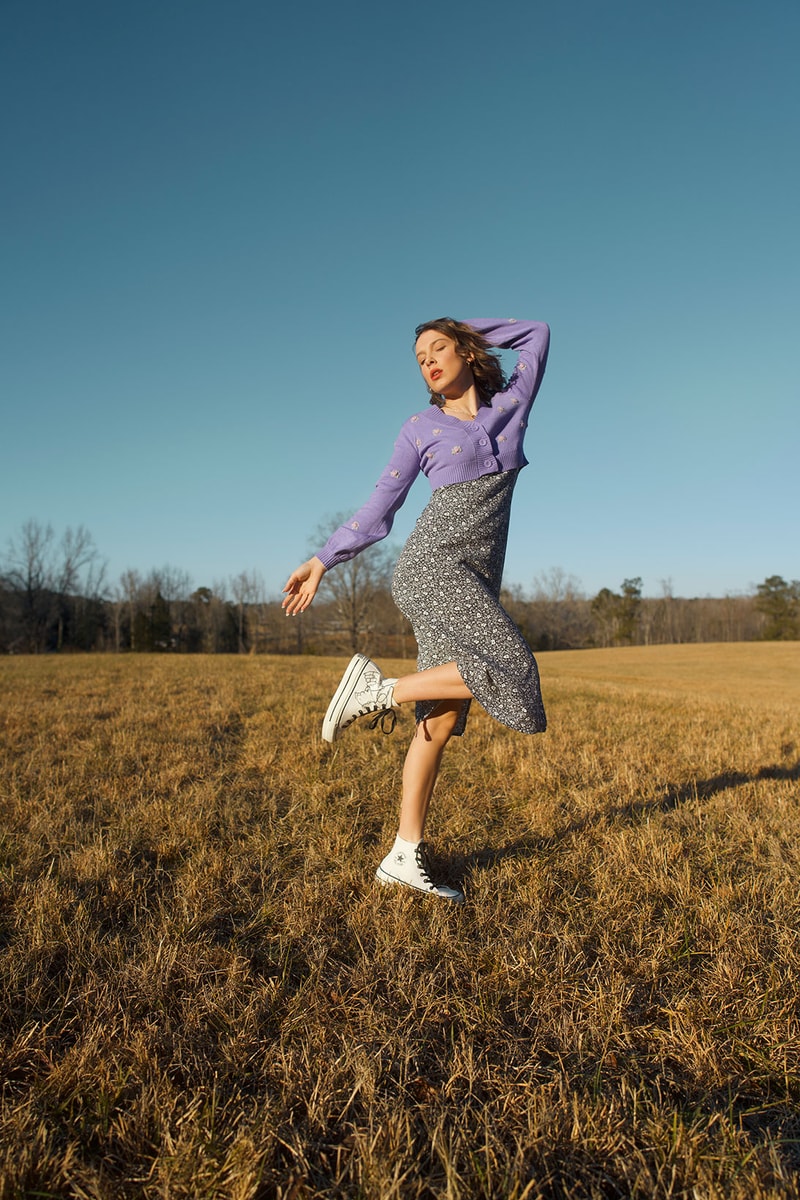 converse by you millie bobby brown pauline wattanodom artist chuck taylor all star high top platform sneakers collaboration cardigan skirt white