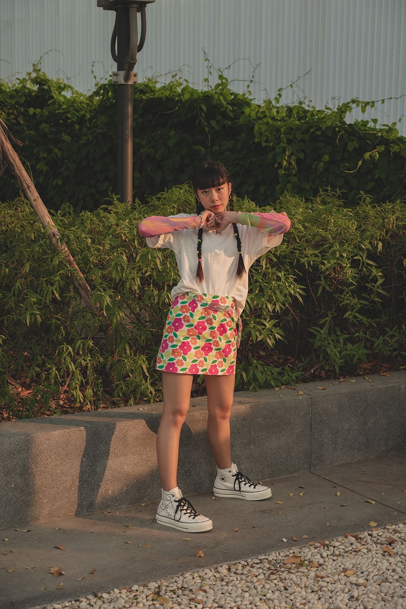 converse by you millie bobby brown pauline wattanodom artist chuck taylor all star high top platform sneakers collaboration long sleeve shirt skirt tee
