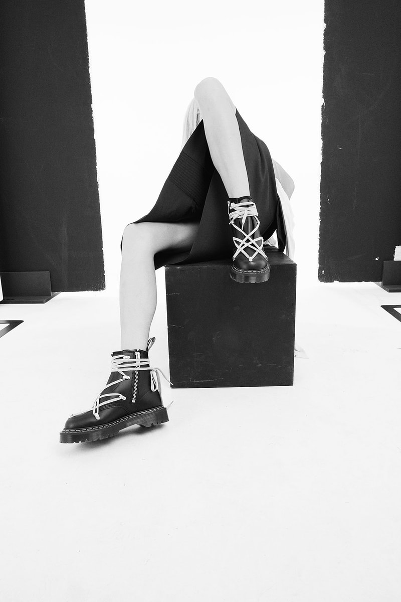 dr martens rick owens collaboration 1460 bex boots on foot look model black white