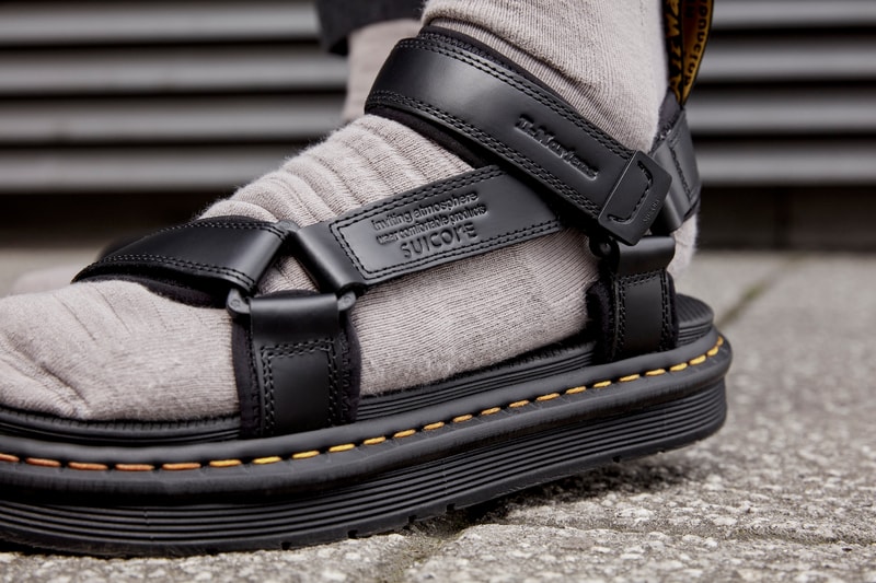 dr martens suicoke sandals collaboration lorsan depa boak black on foot socks close up