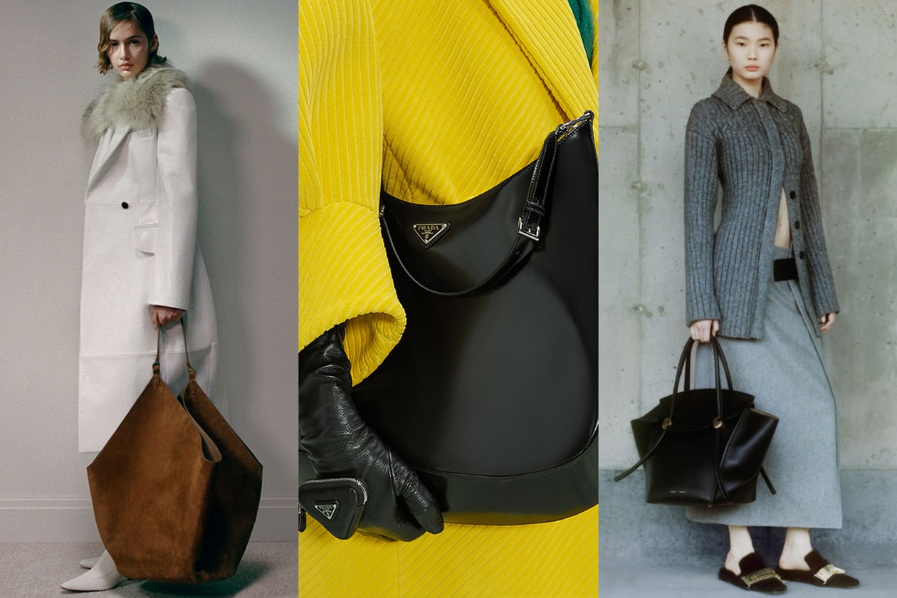 Prada Cleo Bag Oversized Big Large Black Leather Runway Gloves Zipper Pouch Logo Best Accessory Trends Fall Winter 2021 Fashion Week Month Miuccia Raf Simons