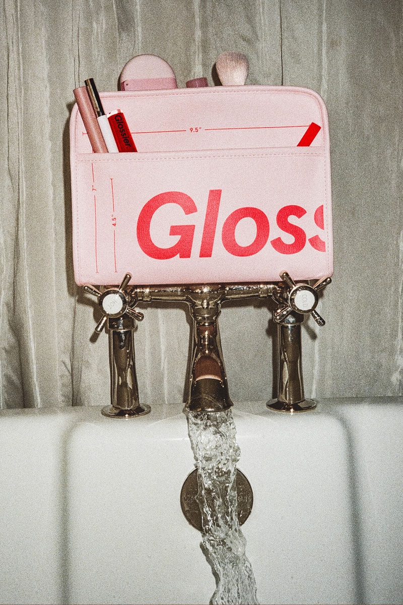 glossier the beauty bag pink red makeup skincare pouch bathtub
