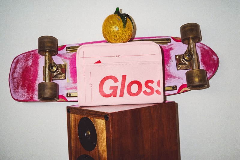 glossier the beauty bag pink red makeup skincare pouch skateboard