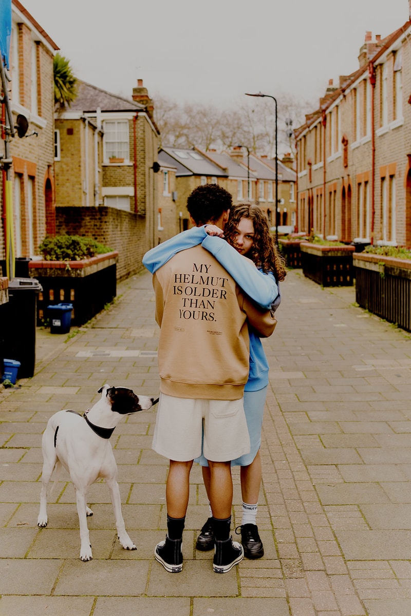 helmut lang slogan capsule collection loungewear sweatshirt dog hugging