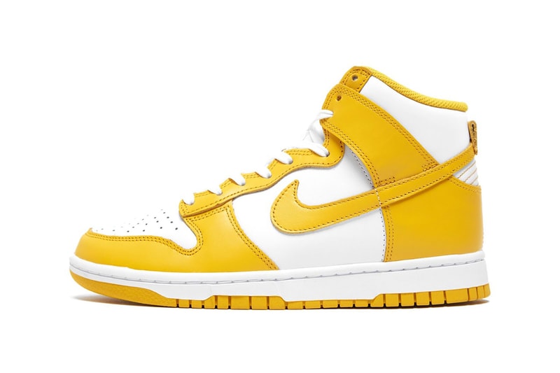 nike dunk high sneakers dark sulfur yellow white colorway kicks sneakerhead shoes footwear lateral