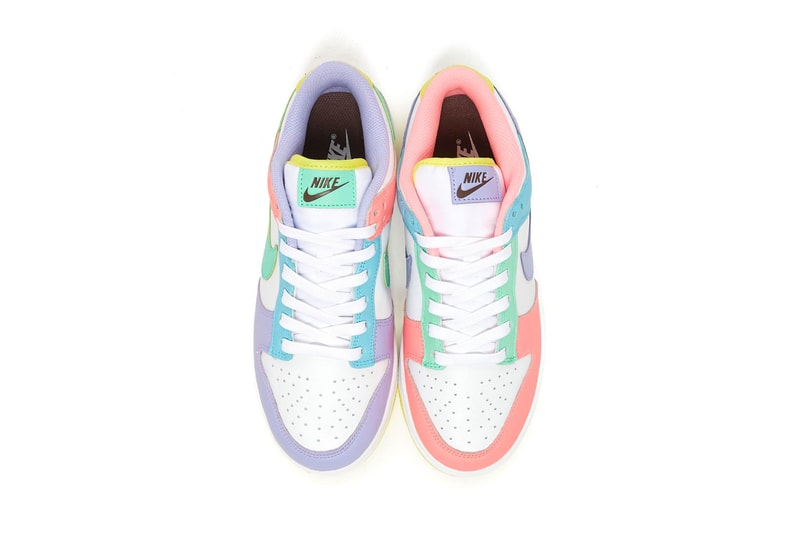nike dunk low womens sneakers light soft pink pastel blue purple green yellow white footwear sneakerhead kicks shoes aerial birds eye view insole