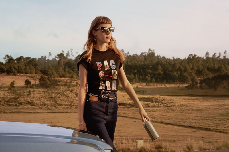 paco rabanne linda farrow eyewear sunglasses collaboration model walking tshirt accessories