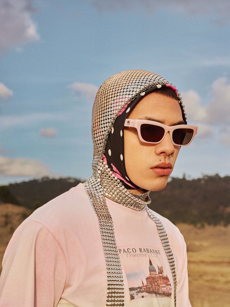 paco rabanne linda farrow eyewear sunglasses collaboration chainmail head scarf