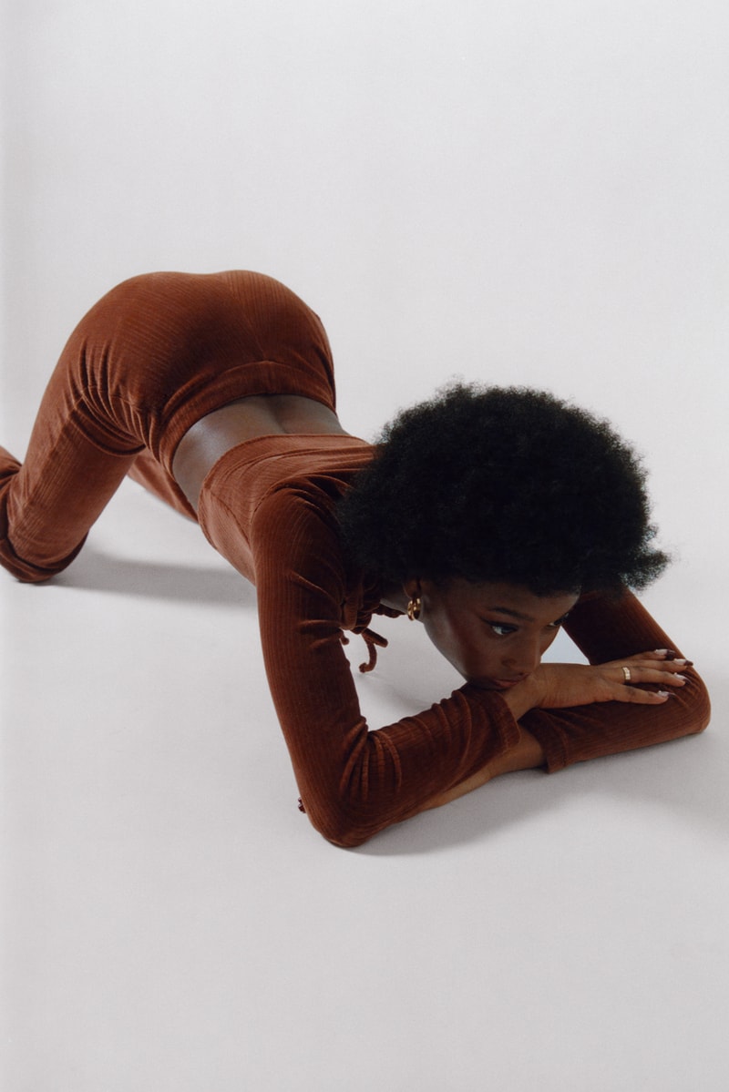 Peachy Den Loungewear London UK Indie Womenswear Fashion Brand Naomi set Top Bottoms Trousers Pants '70s Model Cotton Ribbed Red Brown Cinnamon