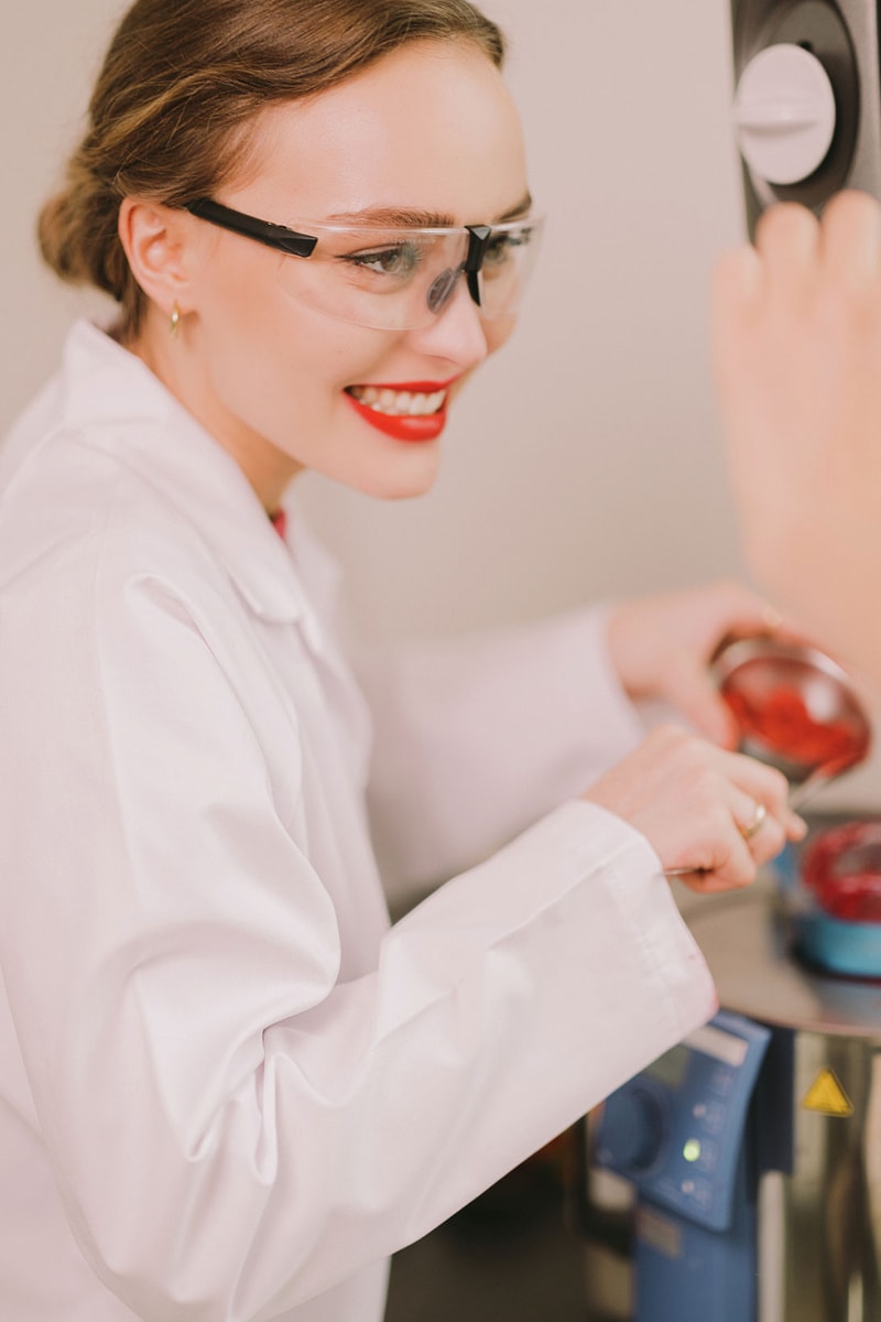 chanel beauty rouge coco bloom lipstick lily rose depp lab coat goggles glasses