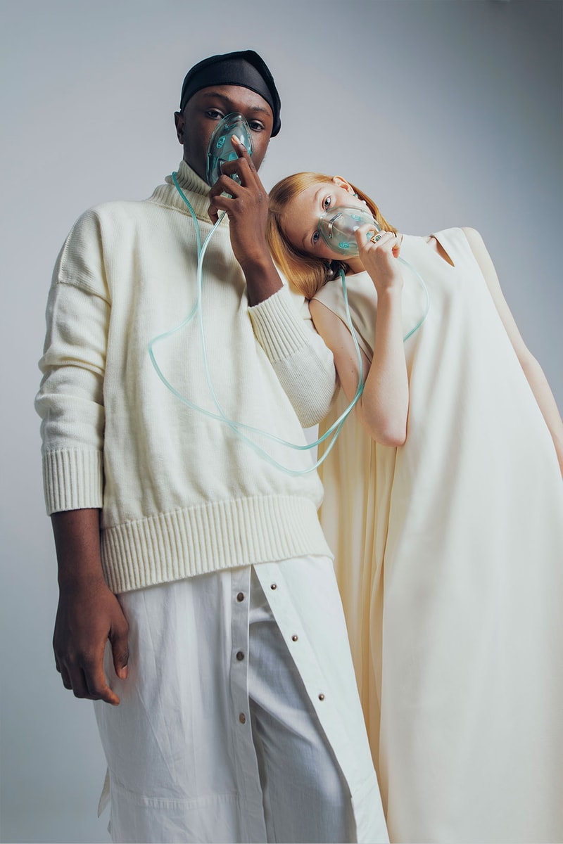 sinobi orthopedic vegan shoes spring summer ss21 campaign oxygen mask all white sweater dress