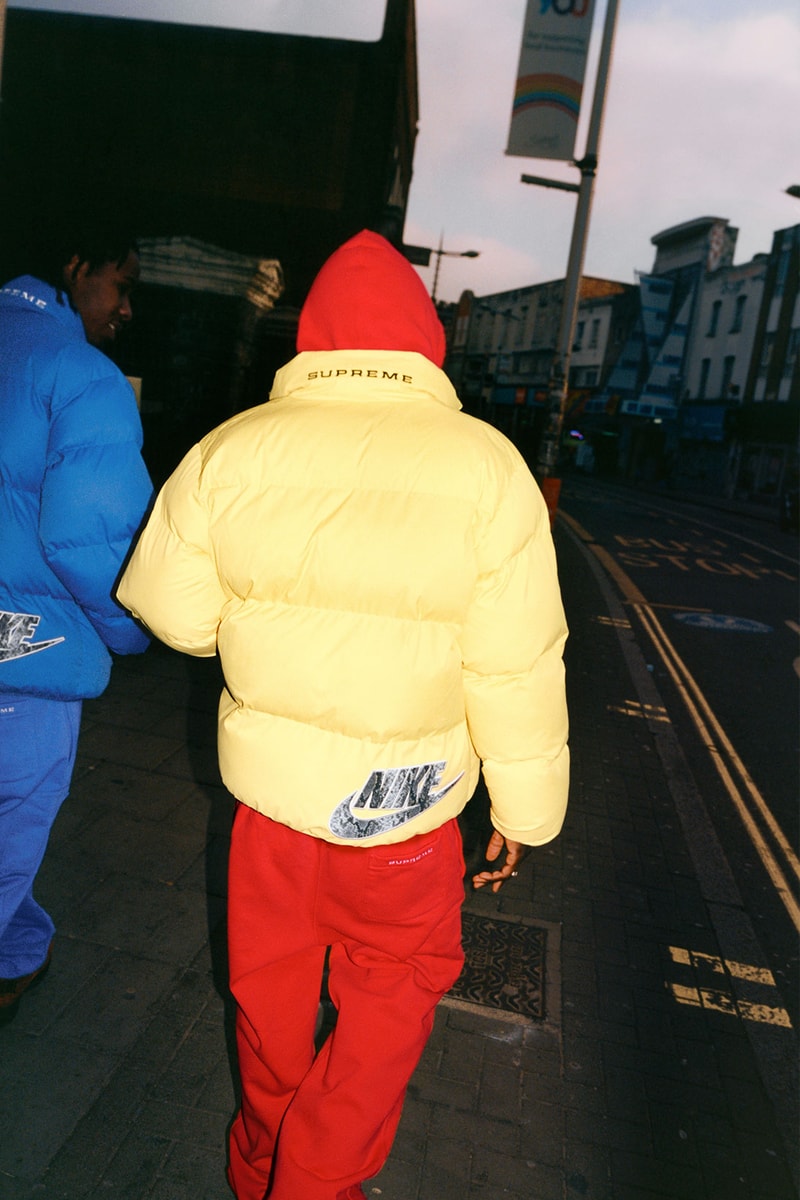 supreme nike collaboration spring drop puffer jacket back hoodie