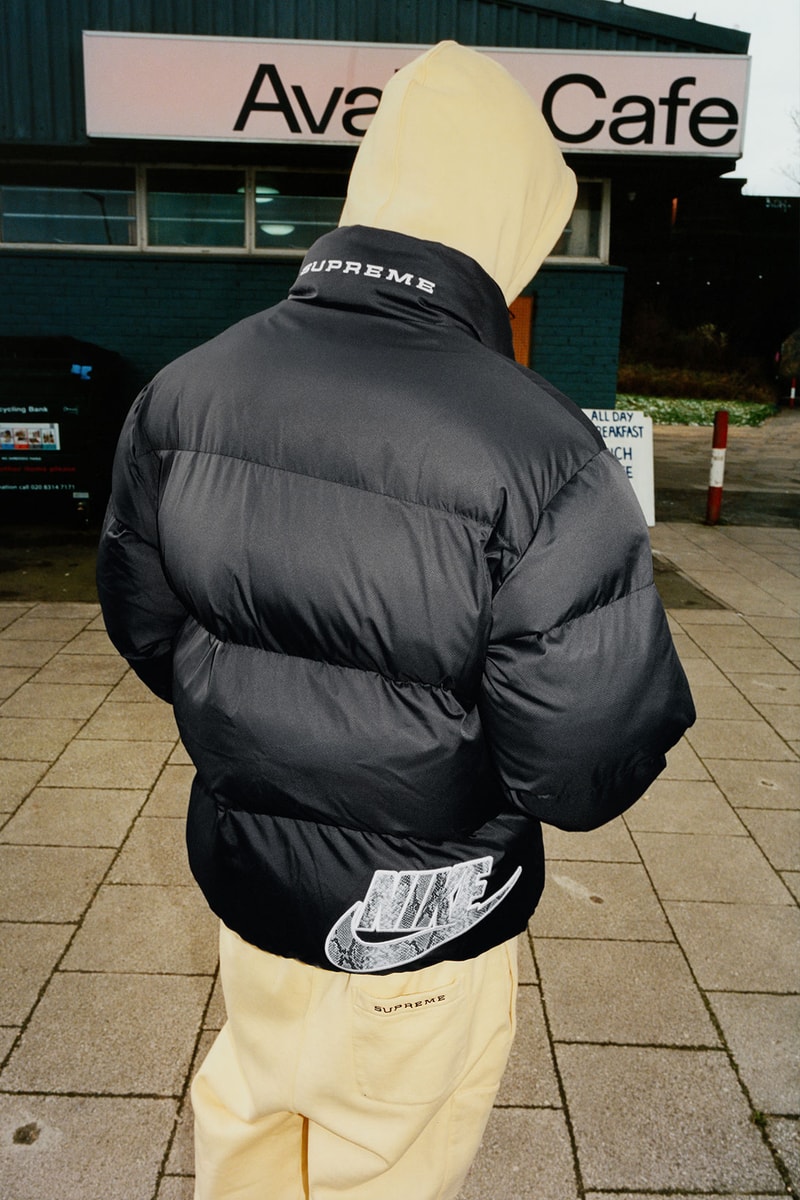 supreme nike collaboration spring drop back puffer jacket logo