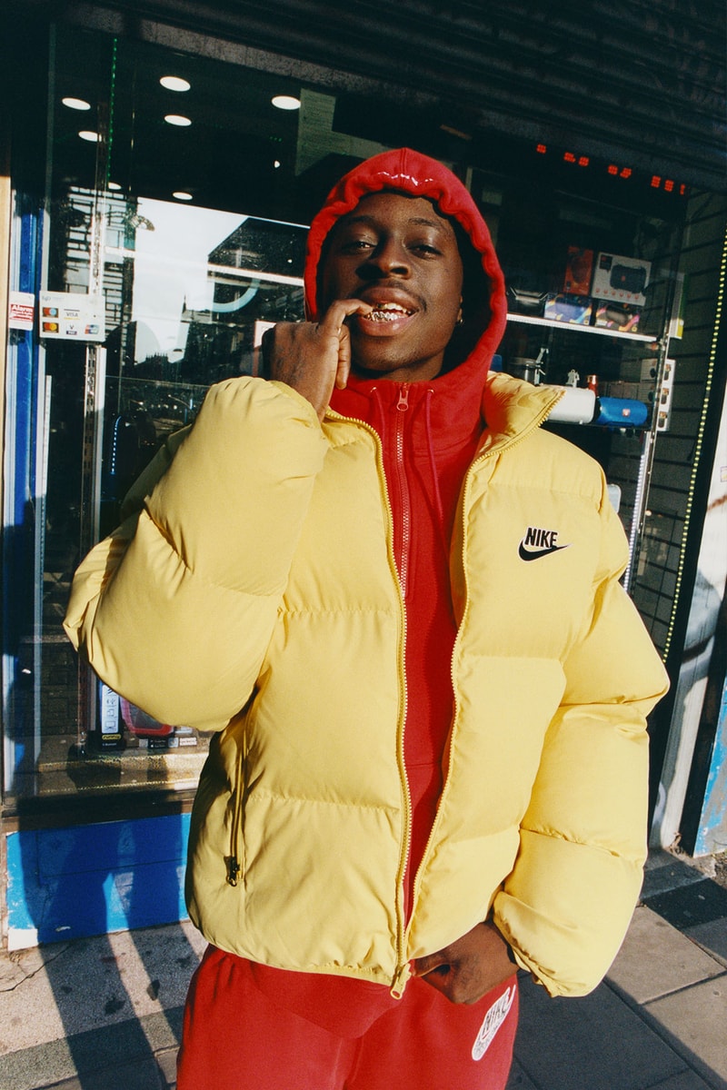 supreme nike collaboration spring drop puffer jacket yellow red hoodie