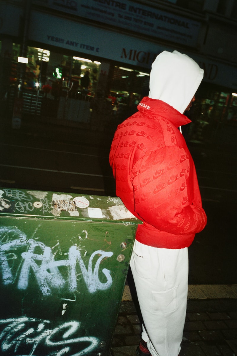 supreme nike collaboration spring drop puffer jacket red hoodie