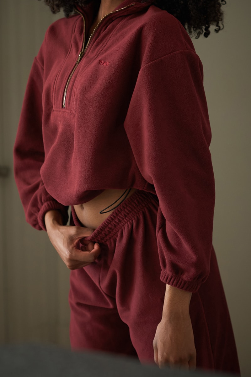 Tea You Montreal Recycled Polyester Fleece Suit Cropped Sweater Half Zip Sweats Sweatpants Pants Women Burgundy Red Cinchable Waist Bungee Cord