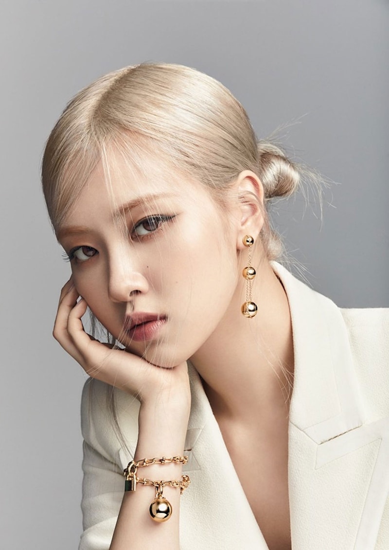 blackpink bp rose tiffany and co global ambassador campaign white jacket bracelets earrings bun