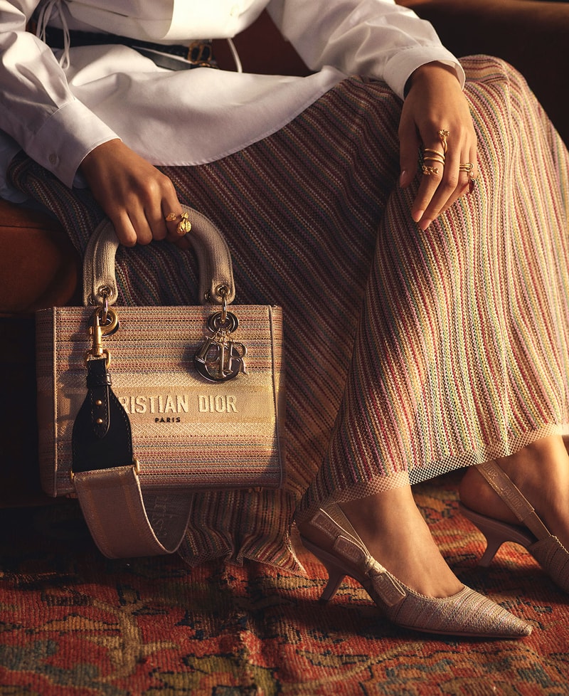 dior summer 2021 gold capsule collection lady dior skirt slingback heels jadior