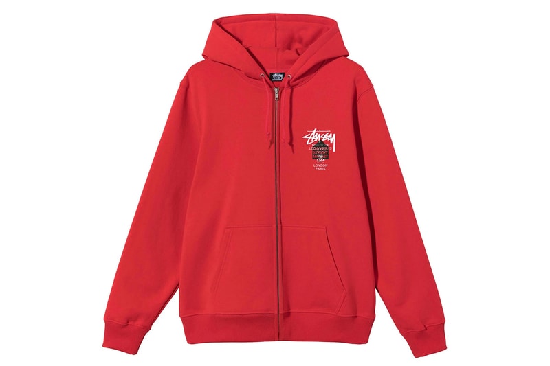 dover street market dsm stussy world tour graphic zip up hoodie red