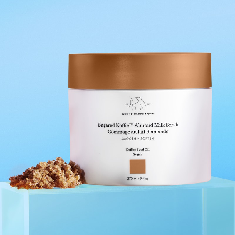 drunk elephant sugared koffie almond milk body scrub texture container packaging