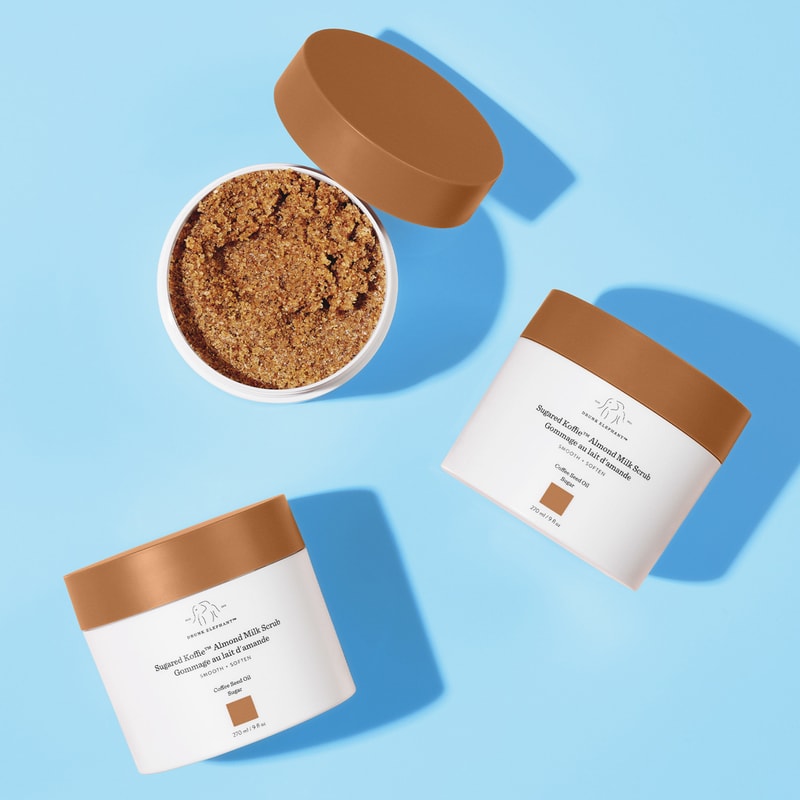 drunk elephant sugared koffie almond milk body scrub packaging top view details texture