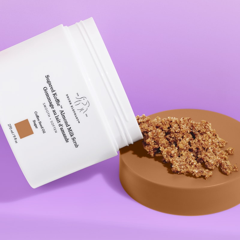 drunk elephant sugared koffie almond milk body scrub texture product packaging lid