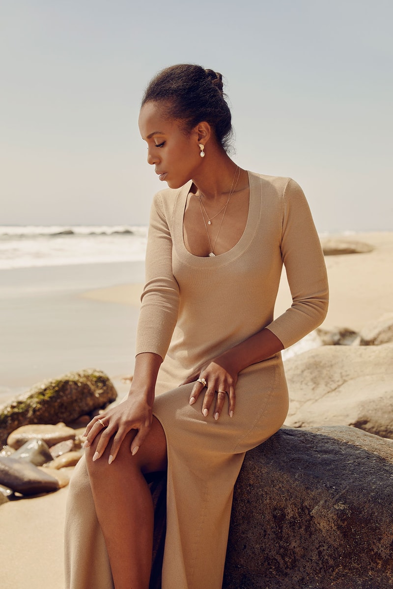 kerry washington aurate jewelry mothers day collection beige dress slit