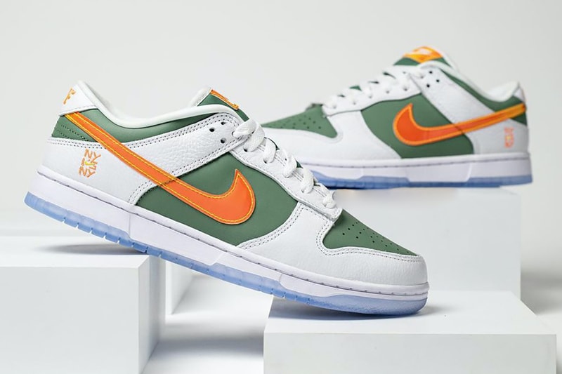 nike dunk low sneakers ny vs ny new york city green white orange footwear kicks shoes sneakerhead lateral