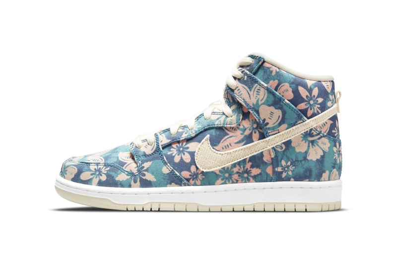 nike sb dunk high pro sneakers hawaii floral print blue beige pink white footwear kicks shoes sneakerhead lateral