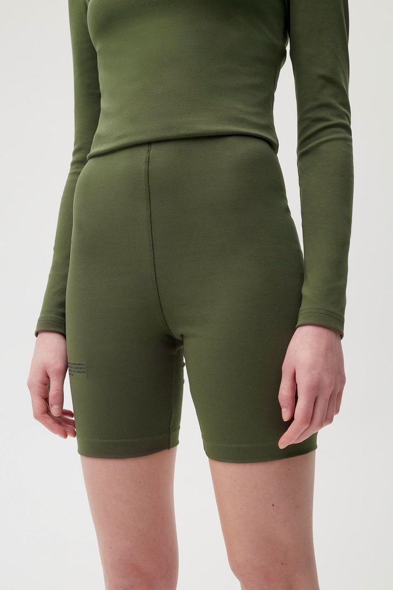 pangaia roica stretch athleisure sustainable collection turtleneck top bike shorts khaki