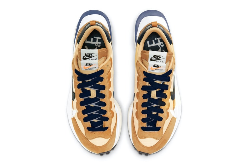 sacai nike vaporwaffle sesame sneakers collaboration blue brown white colorway chitose abe footwear shoes kicks top aerial view insole