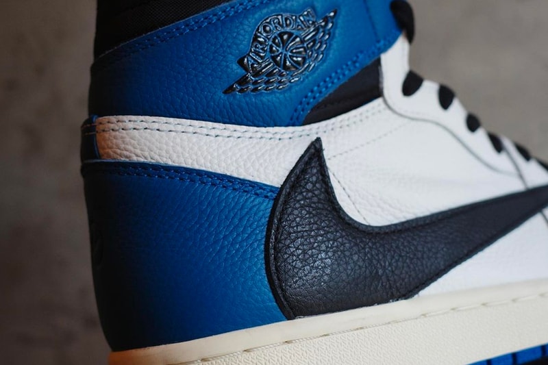 travis scott fragment design air jordan 1 aj1 high og military blue reverse swoosh details