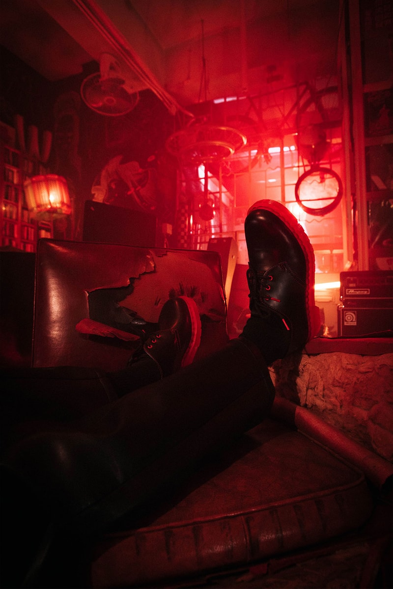 clot dr martens 1461 derby shoes collaboration red black on foot