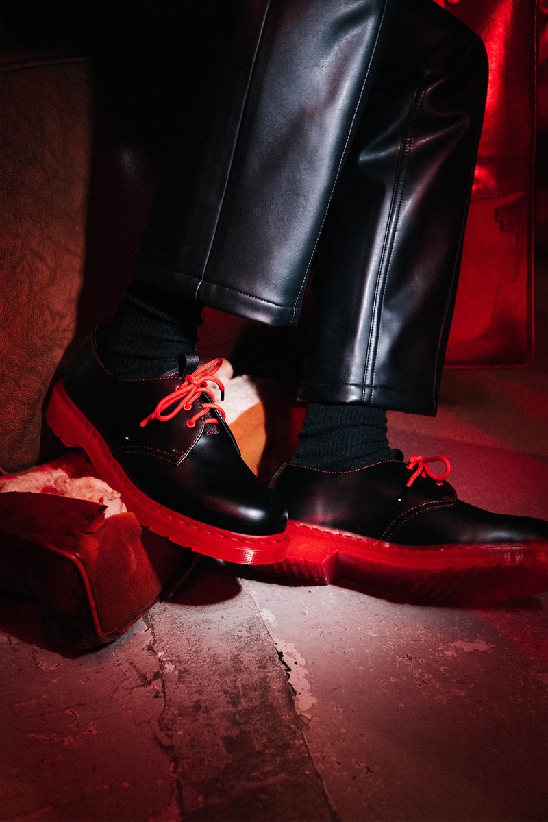 clot dr martens 1461 derby shoes collaboration on foot black red