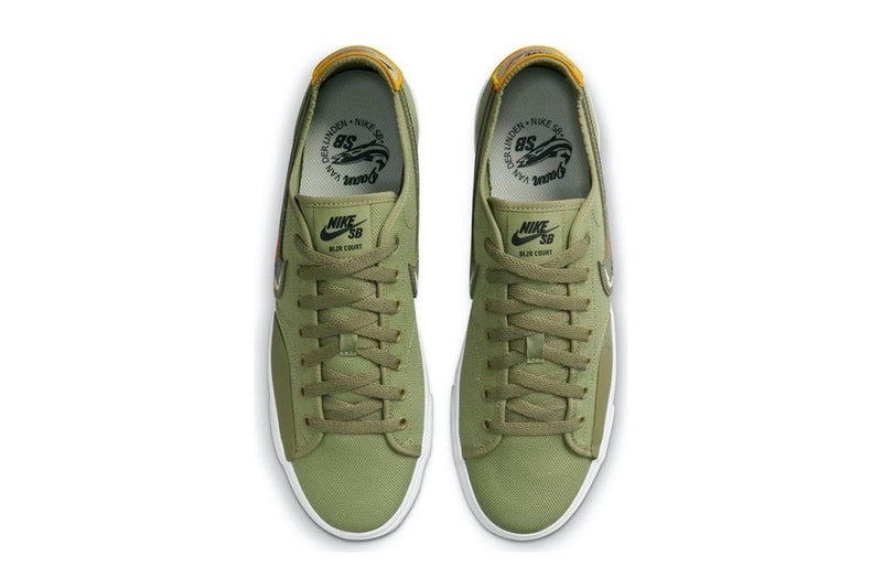 nike daan van der linden sb blazer court sneakers collaboration olive green footwear shoes kicks top aerial view insole