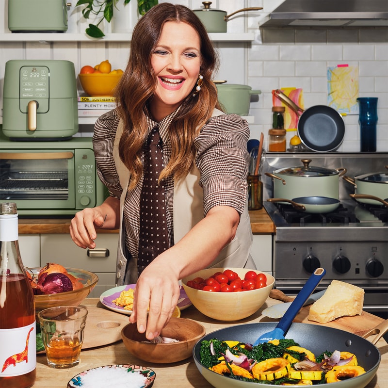 drew barrymore made by gather beautiful kitchenware air fryer pan collection toaster oven cooking