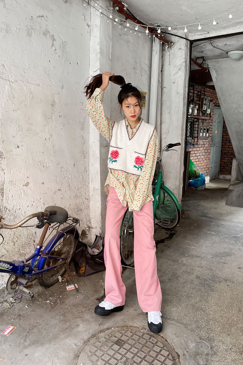 jung hayoung korean model upcycling sustainable fashion pink trousers knit vest sweater