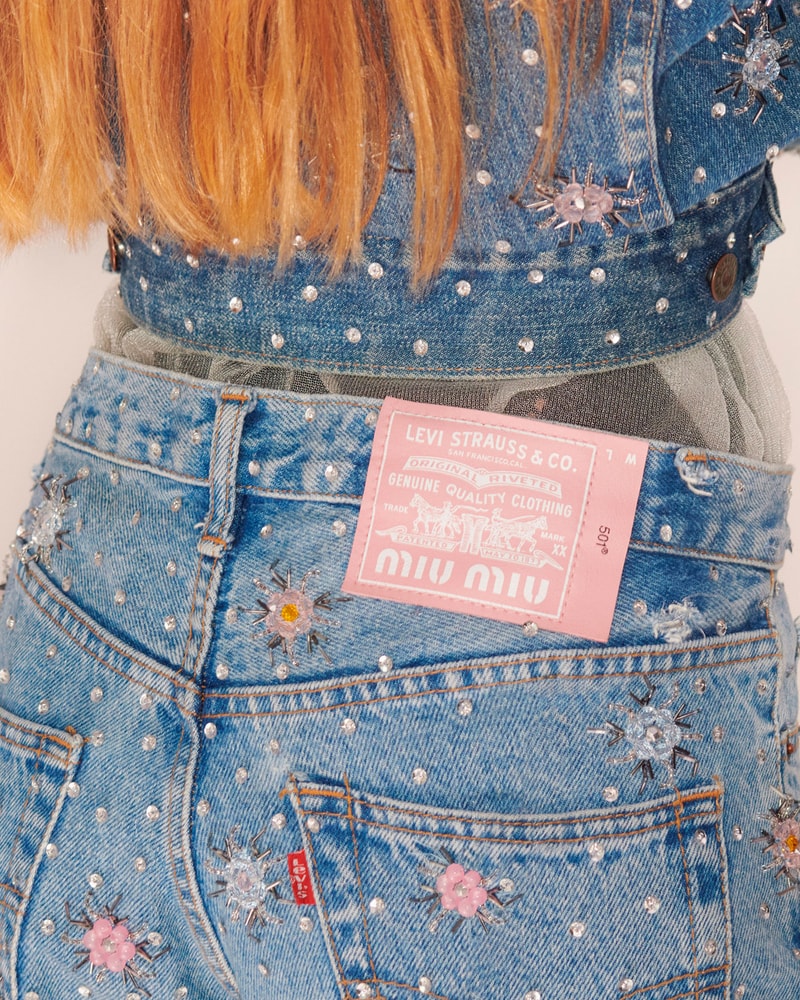 levis miu miu upcycled denim collaboration jeans back pocket jacket